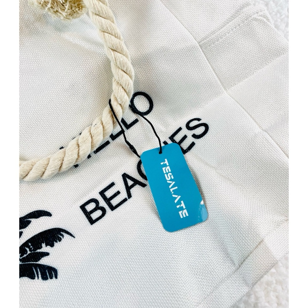 (NWT) TESALATE • Cream/Black “Hello Beaches” and Palm Trees Large Beach Tote Bag - Picture 13 of 15